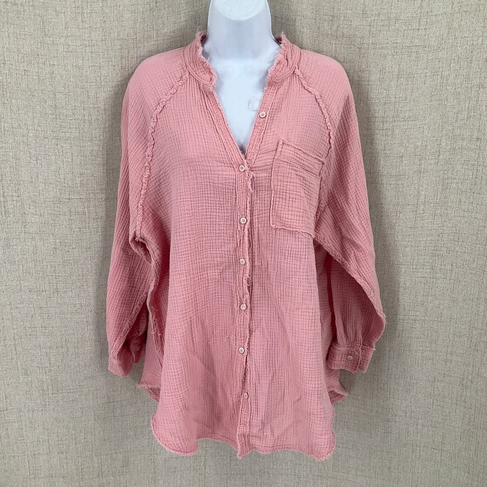 Aerie Button Down Shirt Womens S Pink Gauze Oversized Boho Coastal Classic